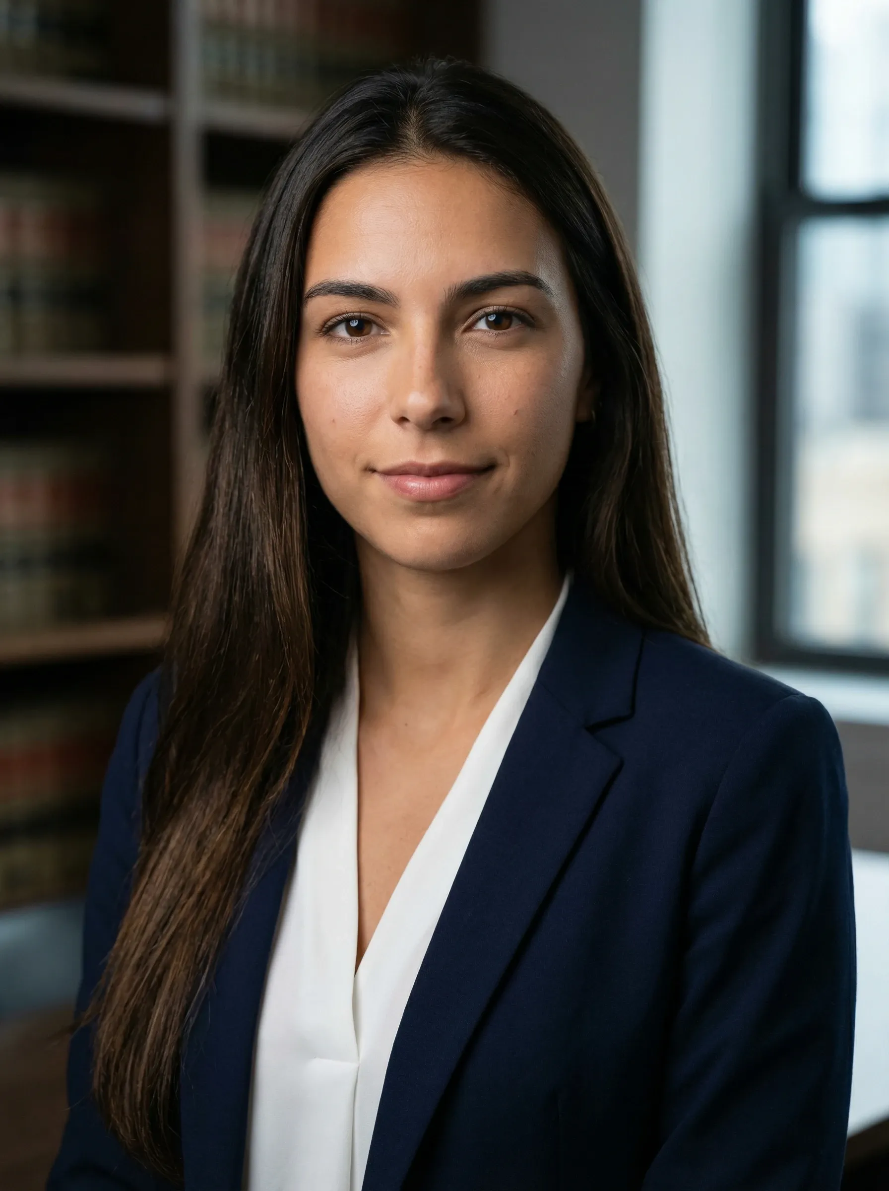 AI law firm headshot — woman in a navy blazer and white blouse in a modern office